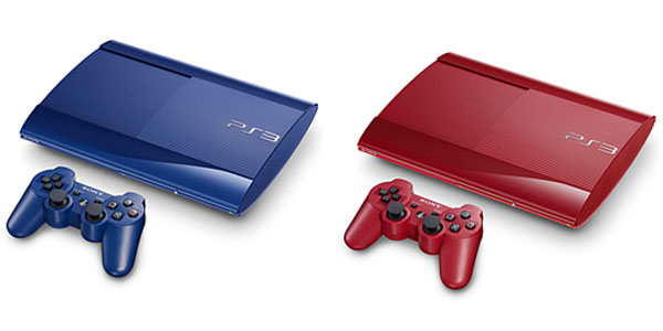 PS3 Super Slim azul e vermelha