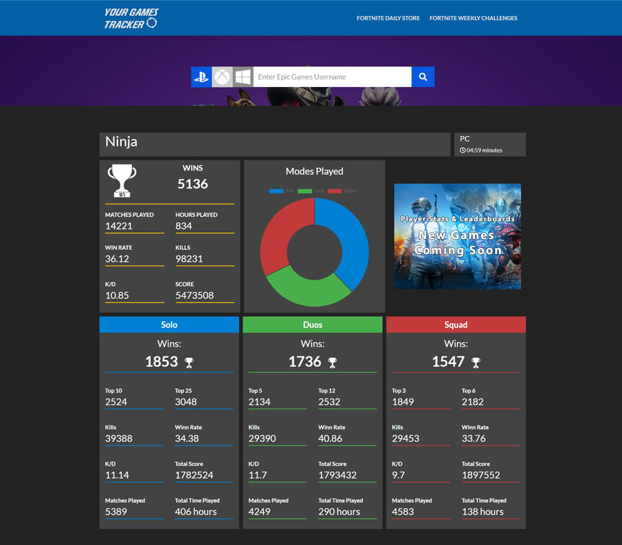 pesquisar estatisticas fortnite battle royale no yourgamestracker